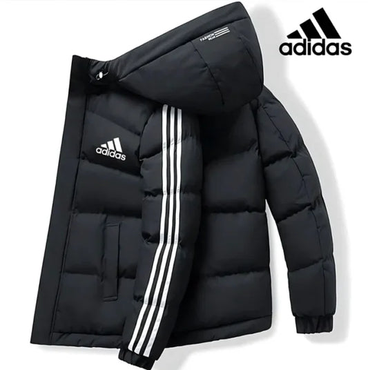 Black puffer jacket with Adidas logo and branding on a white background