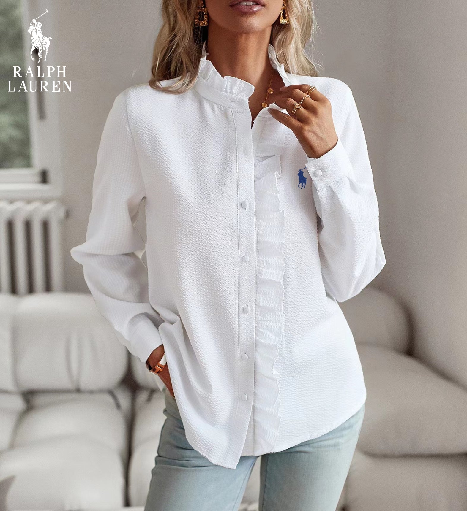 R. Lauren Blouse with Ruffles – Soft Structure & Classic Button Placket