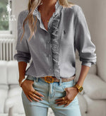 R. Ꮮаᴜгеn Ruffled Button-Up Shirt – Soft Textured Fit