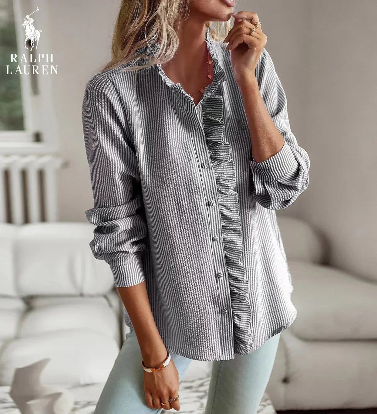 R. Ꮮаᴜгеn Ruffled Button-Up Shirt – Soft Textured Fit