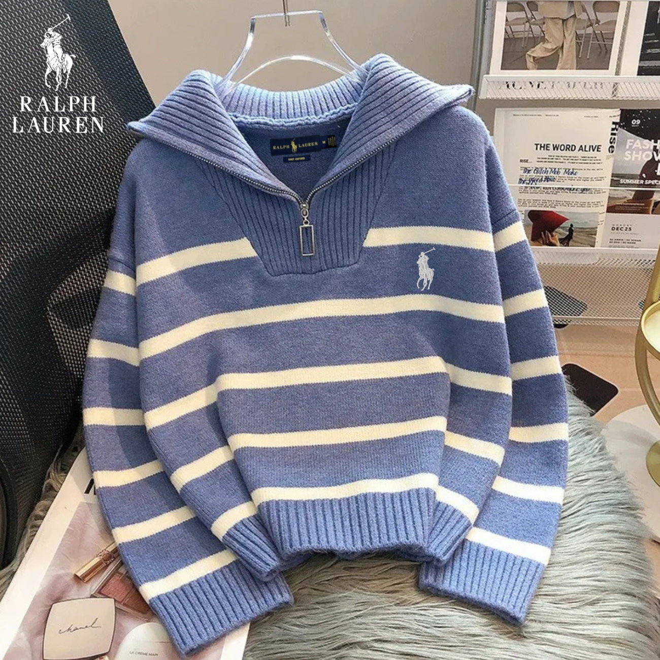 RL – Striped Sweater with Quarter Zip