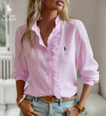 R. Ꮮаᴜгеn Ruffled Button-Up Shirt – Soft Textured Fit
