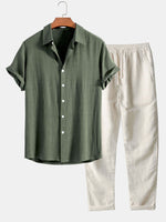 Linen Rayon Blend Button Up Shirt & Straight Leg Linen Pants