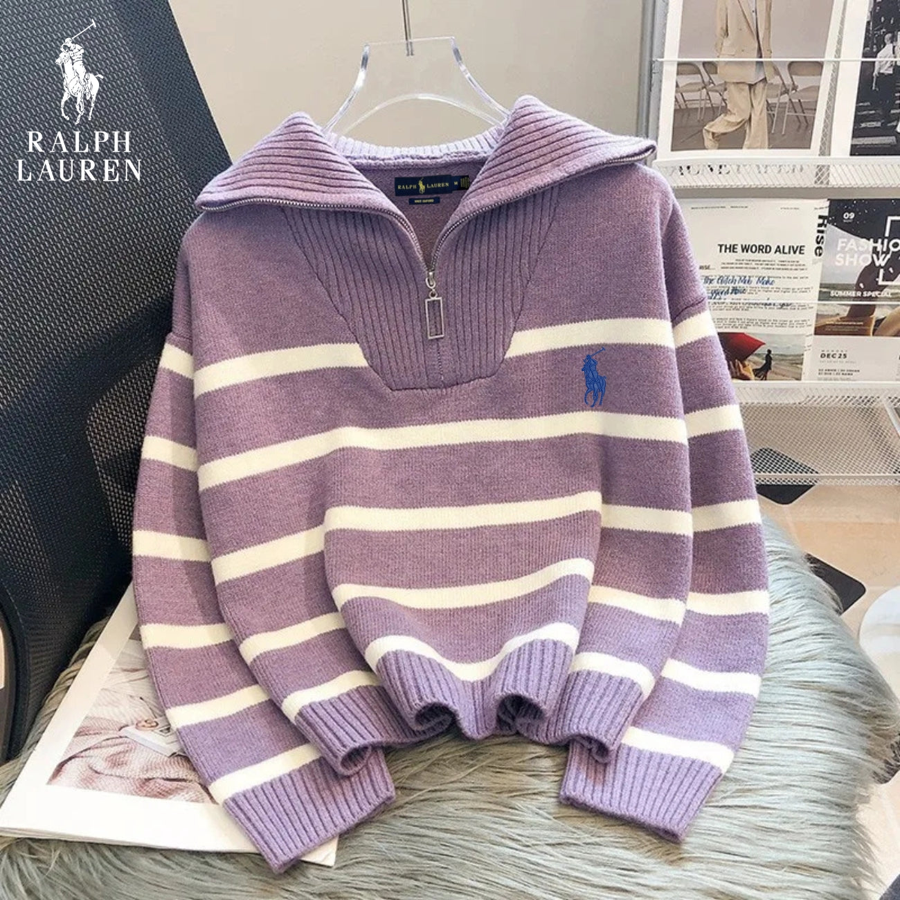 RL – Striped Sweater with Quarter Zip