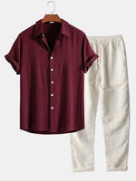 Linen Rayon Blend Button Up Shirt & Straight Leg Linen Pants
