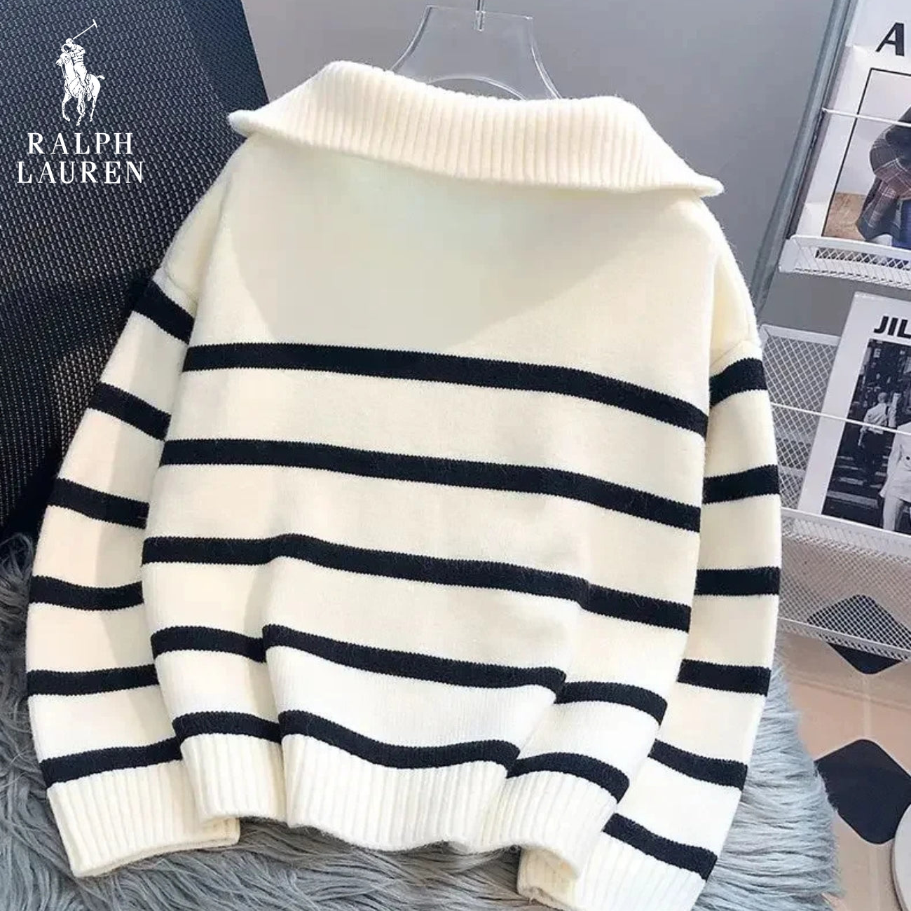 RL – Striped Sweater with Quarter Zip
